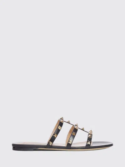 Valentino Black Calf Leather Bos Taurus Flat Sandals In Black