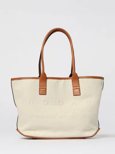 Hogan Address Small Shopping Bag In Beige Canvas In White