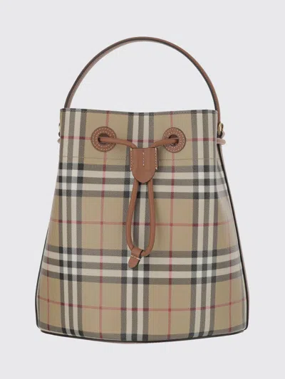Burberry Check Pattern Canvas Bucket Bag With Top Handle And Leather Trim In Brown