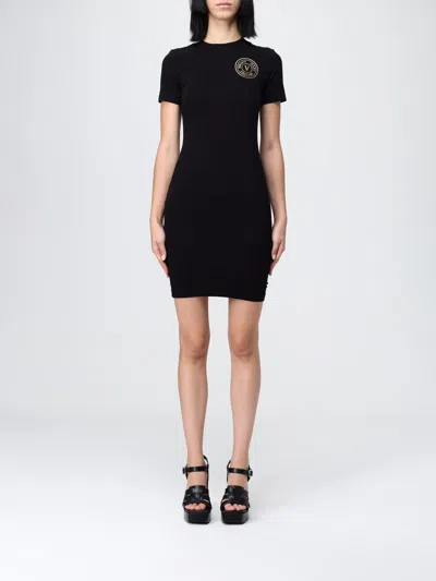 Versace Jeans Couture Black V-emblem Minidress In Black
