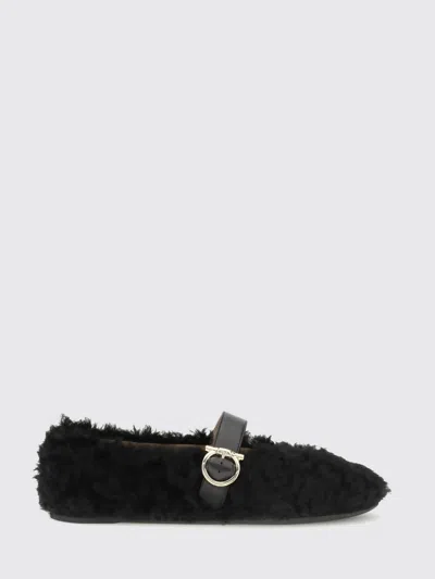 Ferragamo Black Ballerinas With Shearling Design And Buckle In Leather Woman In Black