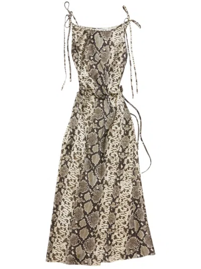 Acne Studios Snake Print Midi Dress With Side Slit In Brown