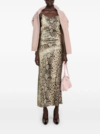 Acne Studios Snake Print Midi Dress With Side Slit In Brown