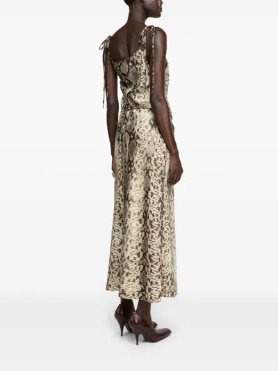 Acne Studios Snake Print Midi Dress With Side Slit In Brown