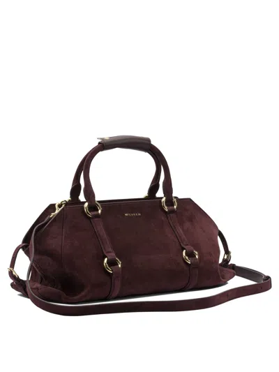 Alexander Mcqueen Farringdon Small Elongated Suede Shoulder Bag In Burgundy