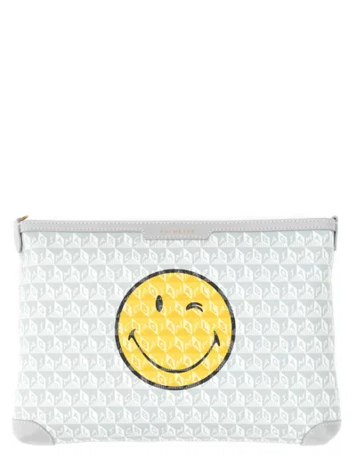 Anya Hindmarch Smiley Face Graphic Print Wrist Strap Clutch In White