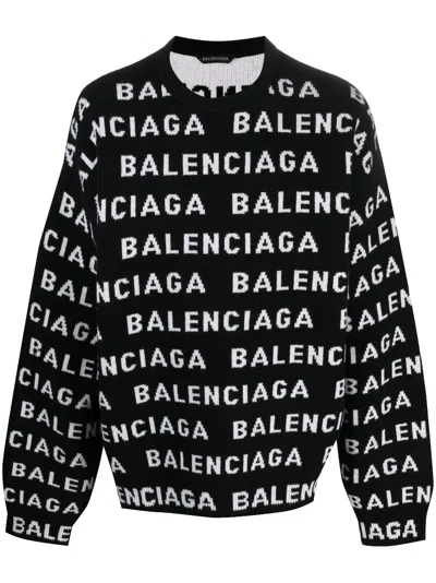 Balenciaga All-over Logo Intarsia Knit Sweater In Black