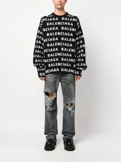Balenciaga All-over Logo Intarsia Knit Sweater In Black
