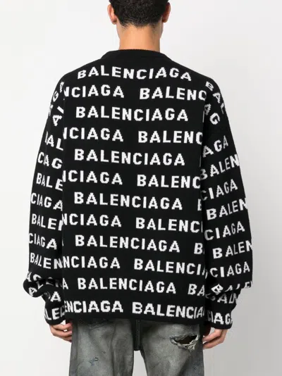 Balenciaga All-over Logo Intarsia Knit Sweater In Black