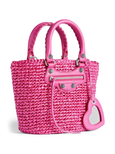 Balenciaga Fuchsia Raffia Small Le Cagole Panier Handbag In Multi