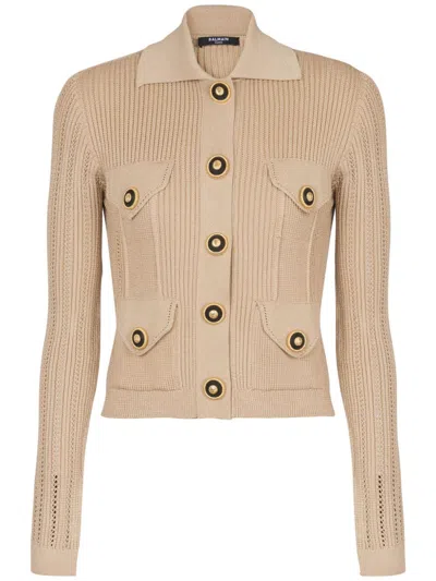 Balmain Women's 4 Pockets Buttoned Ribbed Knit Cardigan In Neutral
