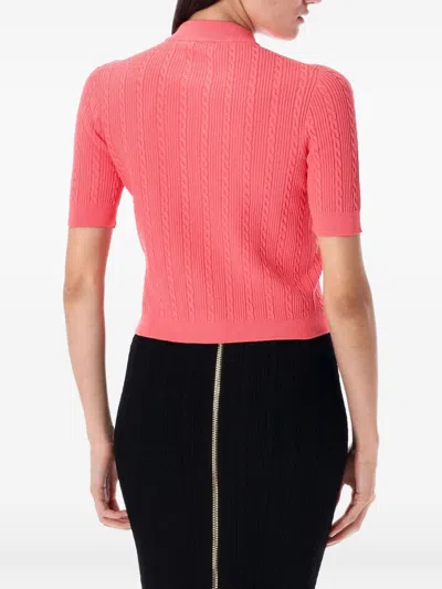 Balmain Cable Knit Short Sleeve Cardigan In Pink