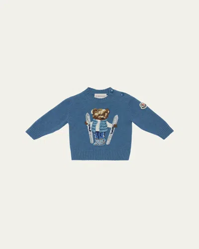 Moncler Boy's Ski Teddy Bear Crewneck Knit Sweater In Blue