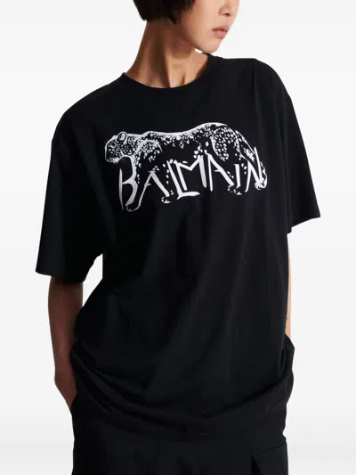 Balmain Leopard Print Cotton T-shirt In Black