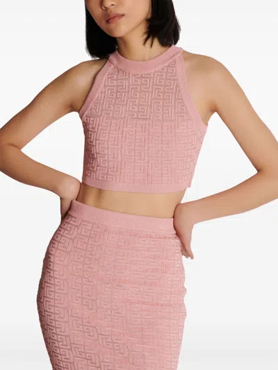 Balmain Top In Maglia Monogramma Pb Labirinto In Pink