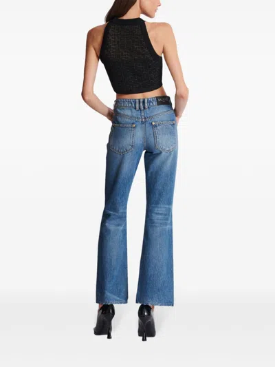 Balmain Sheer Geometric Halterneck Top With Metallic Threading In Black