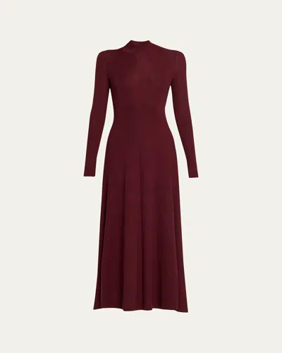 6397 Rib Godet Long-sleeve Midi Dress In Burgundy
