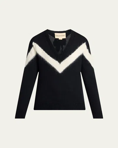 Valentino Zigzag V-neck Wool Sweater In Black