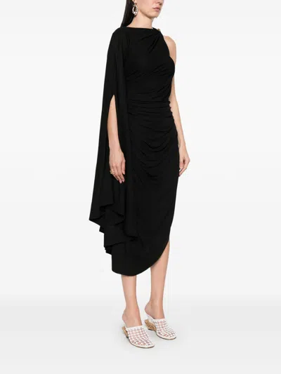 Bottega Veneta Black One-shoulder Draped Midi-dress