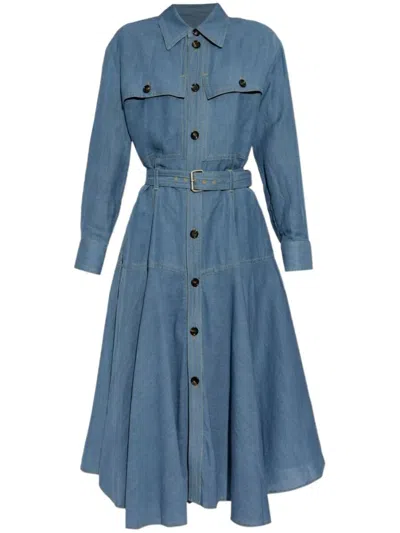 Bottega Veneta Flared Skirt Belted Midi Dress In Blue