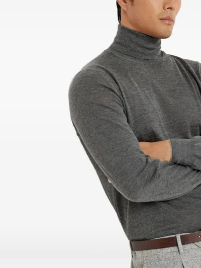 Brunello Cucinelli Wool Turtleneck Sweater With Ribbed Cuffs And Hem In Gray