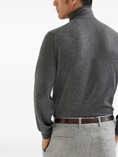 Brunello Cucinelli Wool Turtleneck Sweater With Ribbed Cuffs And Hem In Gray
