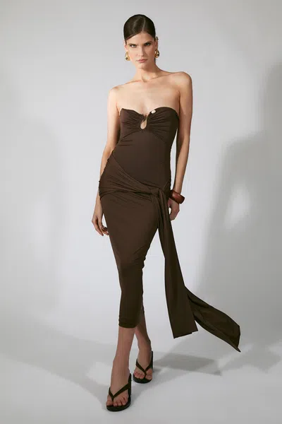 Bardot Laverne Strapless Midi Dress In Brown