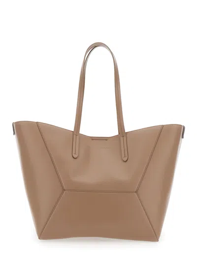 Brunello Cucinelli Beige Tote Bag With Logo Lettering On The Front And Geometric Panels Design In Leather Woman In Neutral