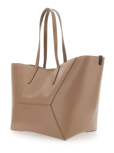 Brunello Cucinelli Beige Tote Bag With Logo Lettering On The Front And Geometric Panels Design In Leather Woman In Neutral