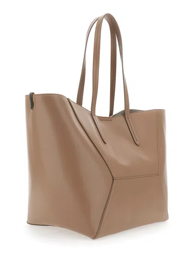 Brunello Cucinelli Beige Tote Bag With Logo Lettering On The Front And Geometric Panels Design In Leather Woman In Neutral