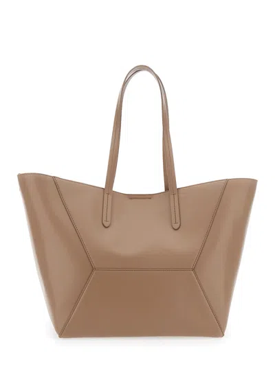 Brunello Cucinelli Beige Tote Bag With Logo Lettering On The Front And Geometric Panels Design In Leather Woman In Neutral