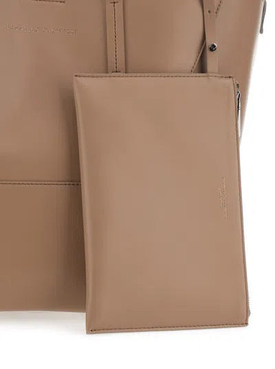 Brunello Cucinelli Beige Tote Bag With Logo Lettering On The Front And Geometric Panels Design In Leather Woman In Neutral