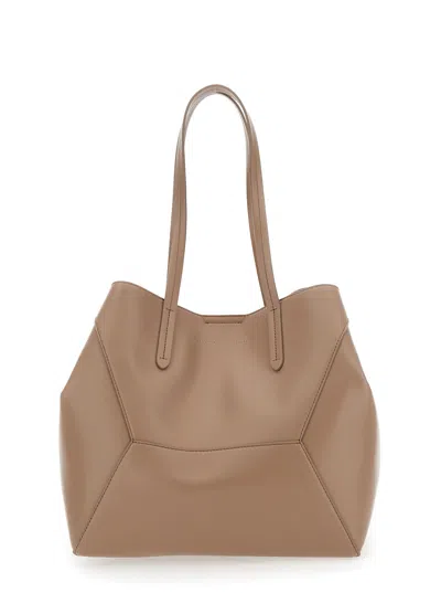 Brunello Cucinelli Beige Tote Bag With Logo Lettering On The Front And Geometric Panels Design In Leather Woman In Neutral