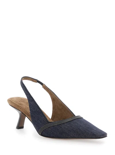 Brunello Cucinelli Denim Pointed-toe Slingback Pumps With Monili Trim In Black