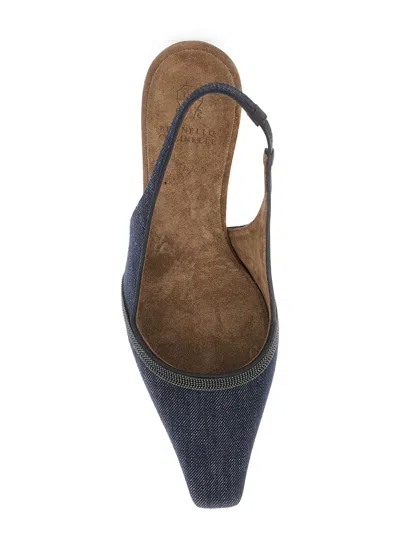 Brunello Cucinelli Denim Pointed-toe Slingback Pumps With Monili Trim In Black