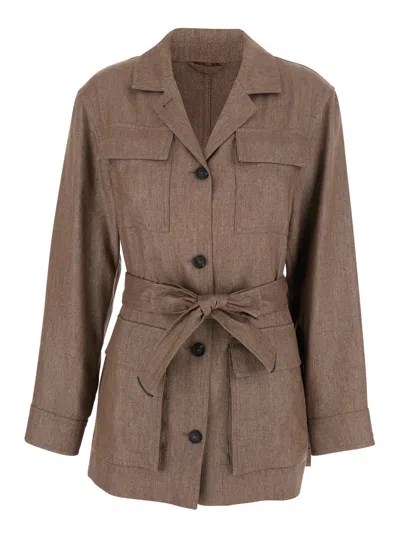 Brunello Cucinelli Brown Jacket With Notched Revers And Front Closure With Bow In Linen Blend Woman In Animal Print