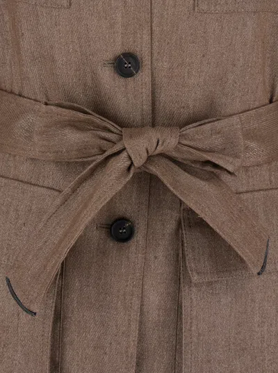 Brunello Cucinelli Brown Jacket With Notched Revers And Front Closure With Bow In Linen Blend Woman In Animal Print