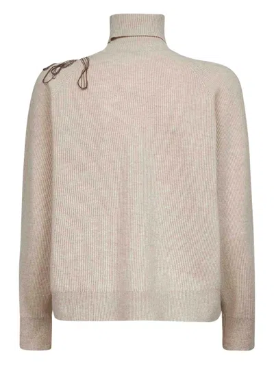 Brunello Cucinelli Cashmere Roll Neck Sweater With Embellished Detail In Brown
