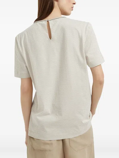 Brunello Cucinelli Striped Crew Neck T-shirt With Keyhole Detail In Neutral