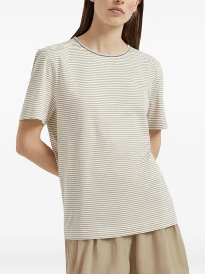 Brunello Cucinelli Striped Crew Neck T-shirt With Keyhole Detail In Neutral