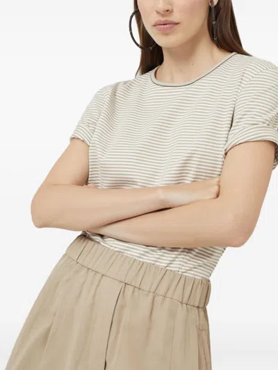 Brunello Cucinelli Striped Crew Neck T-shirt With Keyhole Detail In Neutral