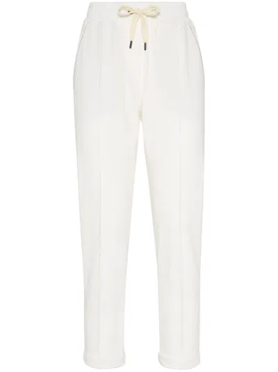 Brunello Cucinelli Track Trousers In Lightweight Stretch Cotton Fleece With Moniline In White