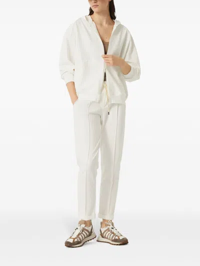 Brunello Cucinelli Track Trousers In Lightweight Stretch Cotton Fleece With Moniline In White