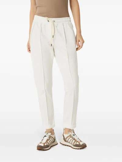 Brunello Cucinelli Track Trousers In Lightweight Stretch Cotton Fleece With Moniline In White