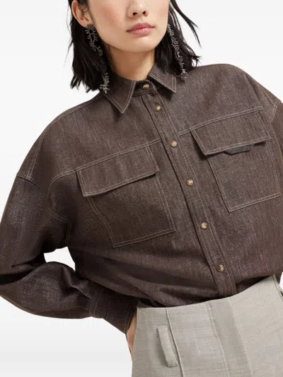 Brunello Cucinelli Brown Shirt With Classic Collar And Monil Detail On The Pocket In Cotton Blend Woman In Gray