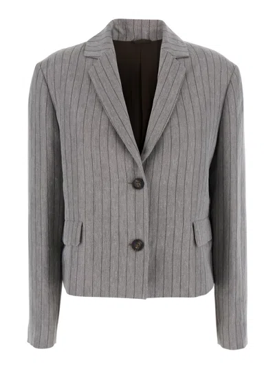 Brunello Cucinelli Women Grey Jacket With Notched Revers And All-over Striped Motif In Linen Blend W In Gray