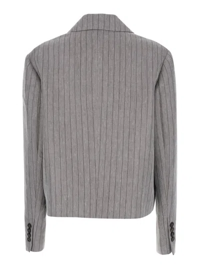 Brunello Cucinelli Women Grey Jacket With Notched Revers And All-over Striped Motif In Linen Blend W In Gray