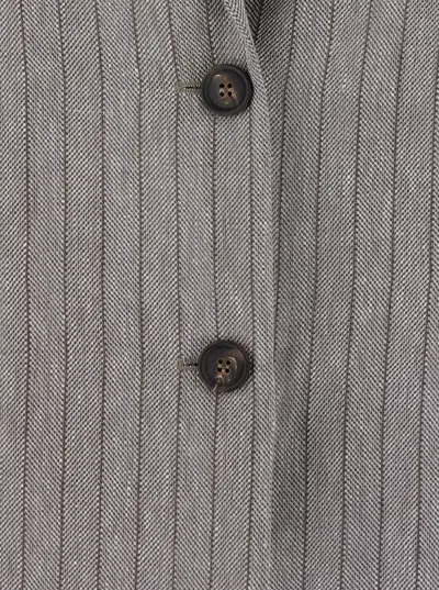 Brunello Cucinelli Women Grey Jacket With Notched Revers And All-over Striped Motif In Linen Blend W In Gray