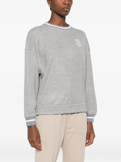 Brunello Cucinelli Crew Neck Logo Embroidered Sweatshirt In Gray