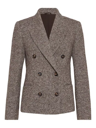 Brunello Cucinelli Virgin Wool And Silk Melange Diagonal Double-breasted Blazer In Multi
